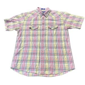 Pendleton Shirt Mens Large Pink Yellow‎ Plaid Western Pearl Snap Short Sleeve